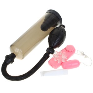 Power Pump Erection Enlarger Tool With Lube + Soft Silicone Ring + Vibrator For Him - Black (2*AA)