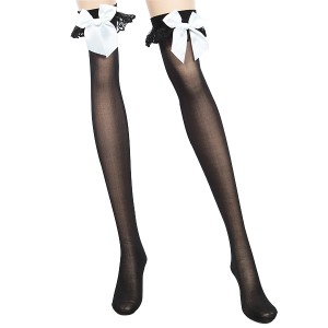 Ultrathin Sexy Spandex Stockings with White Bow - Black